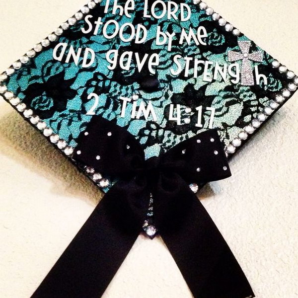 Graduation Cap Decorated With Black Lace, Rhinestone And A Bow 