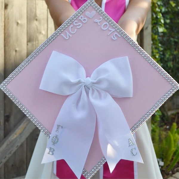 Rhinestone Border Light Pink Graduation Cap With A Big Bow 