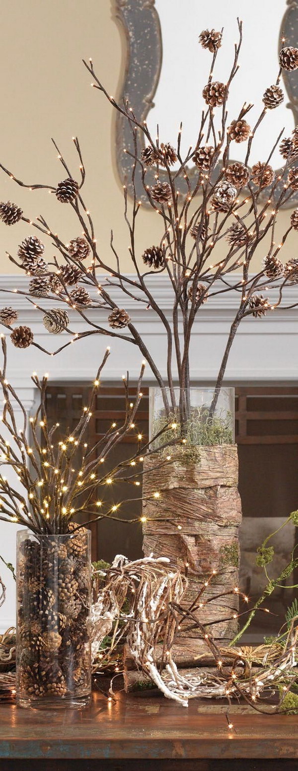 Lighted Pinecone Branch Centerpiece for Rustic Christmas Decor 