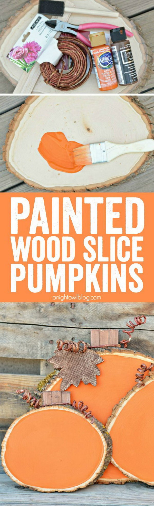 Painted Wood Slice Pumpkins. 