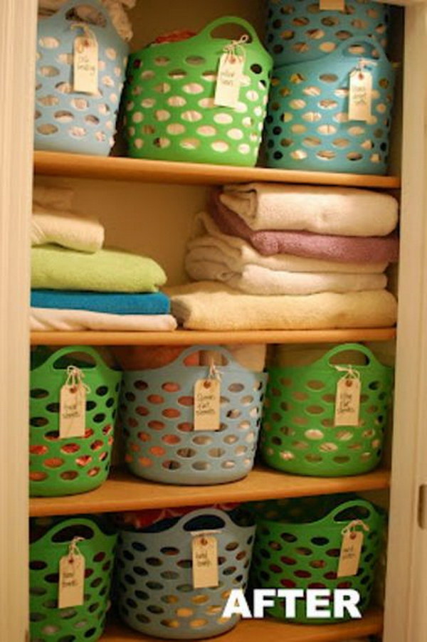 Closet Organizing with Cheap Plastic Baskets. 