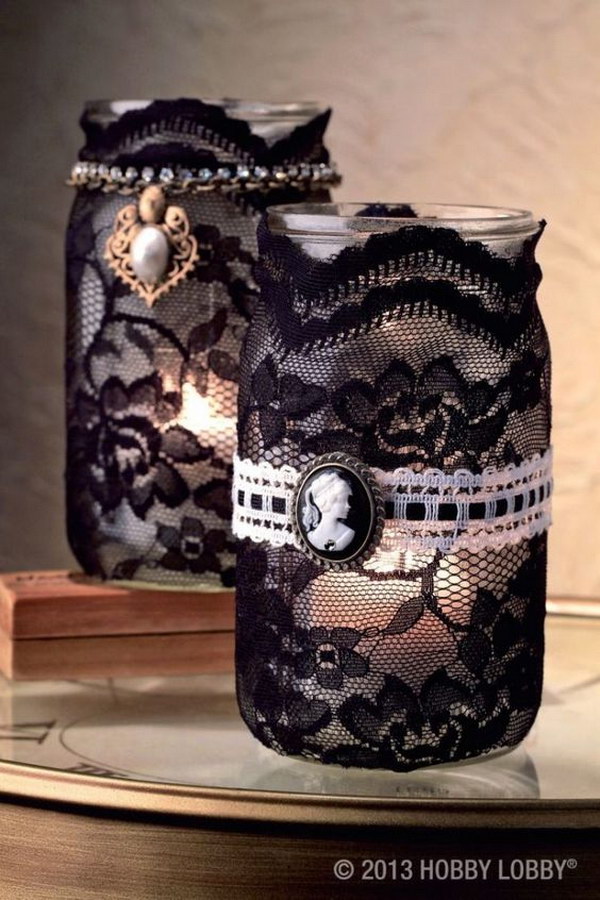 Vintage Black Lace Wrapped Mason Jar Candle Holder for Halloween 