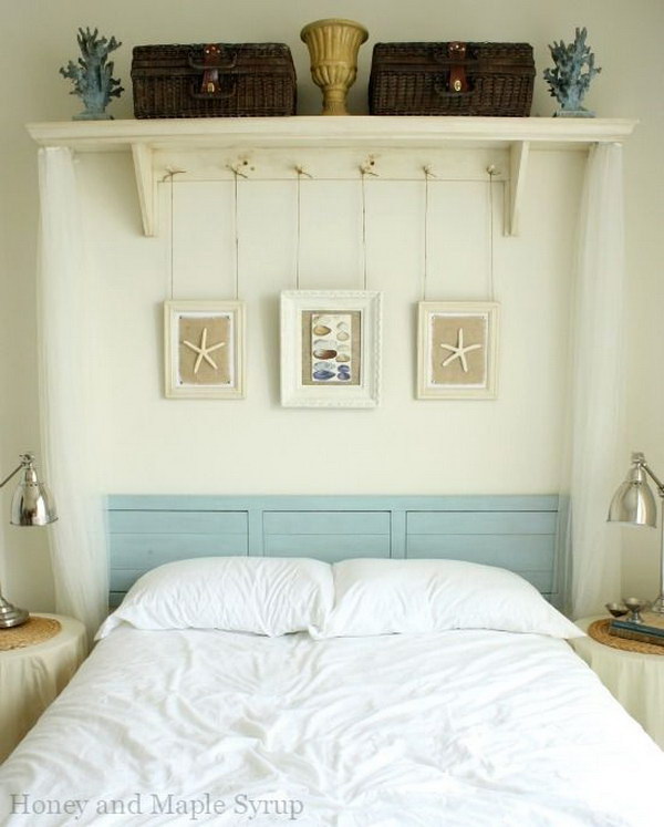 Peg Shelf and Hanging Frames Above the Bed. 