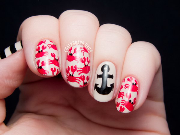 Crab Print and an Anchor Accented Nails. See the tutorial 
