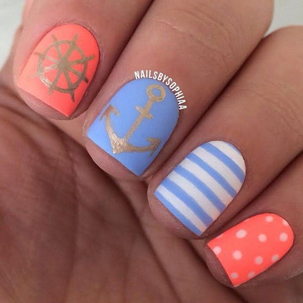 Paster Blue and Orange Anchor Nails. 