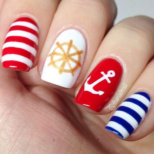 Red, Blue and Gold Nautical Nails With Anchor. 