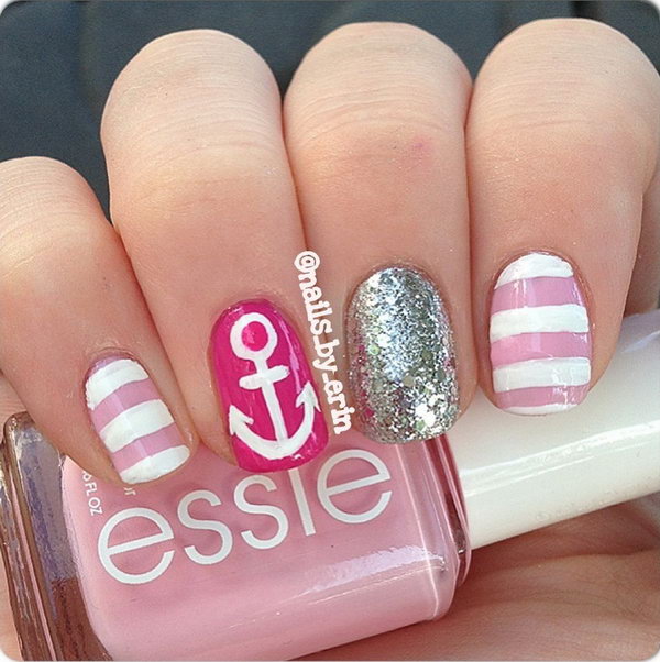 Pink and Glitter Nautical Anchor Manicure. 