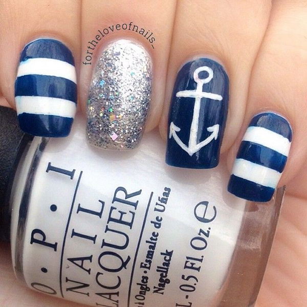 Classic Nautical Nails Accented with Anchor. 