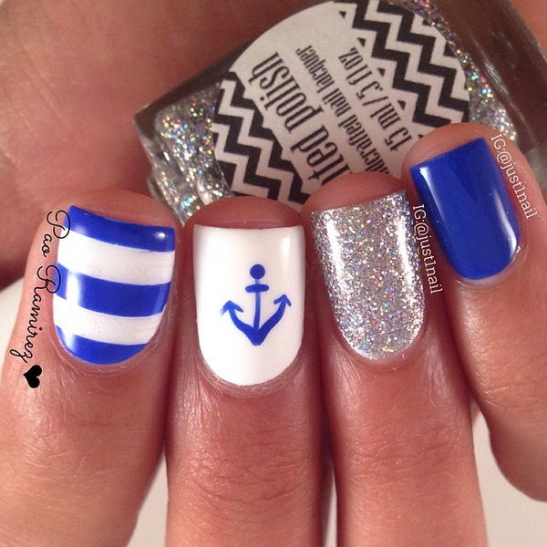 Blue and White Nails with Glitter and Anchor Accented. 