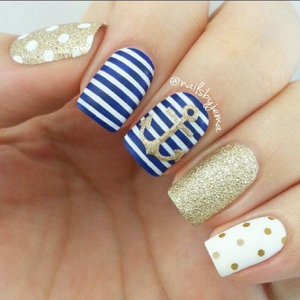 Navy Blue and Gold Nautical Nails With Anchor. 