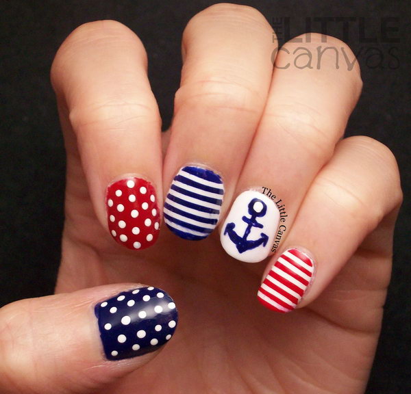 Different Colored Striped with Dots and an Anchor Nails. Get the tutorial 