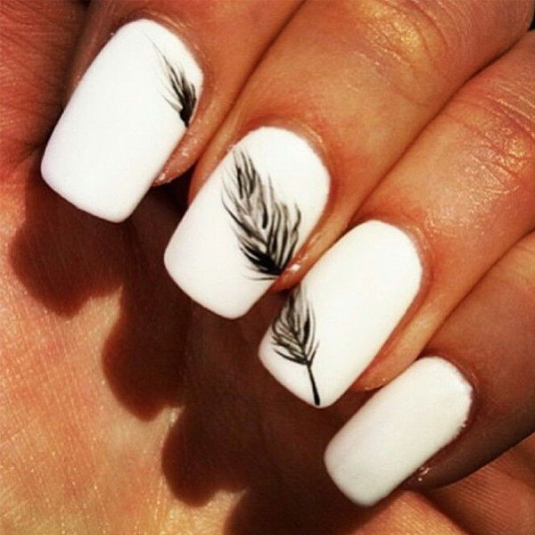 Black and White Nails with Feather. 