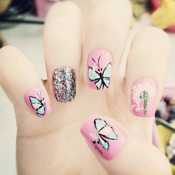 Awesome Pink and Glitter Butterfly Nail Design. 