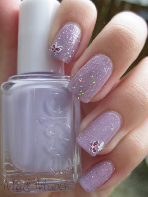 Purple Glitter and Butterfly Nails. 