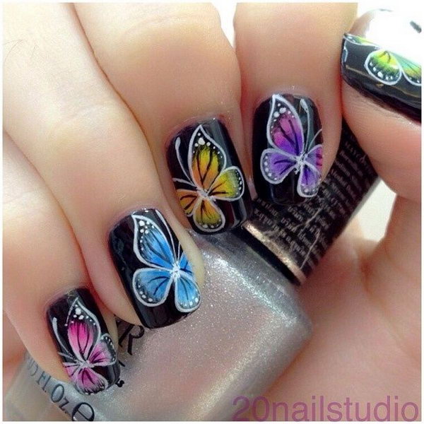 Butterfly Nails on Elegant Black Background. 