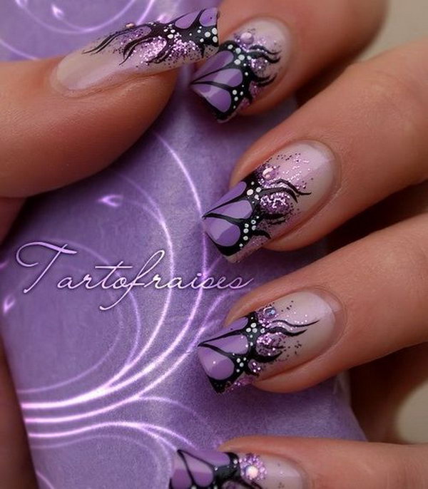 Lavender and Black French Butterfly Nails. 
