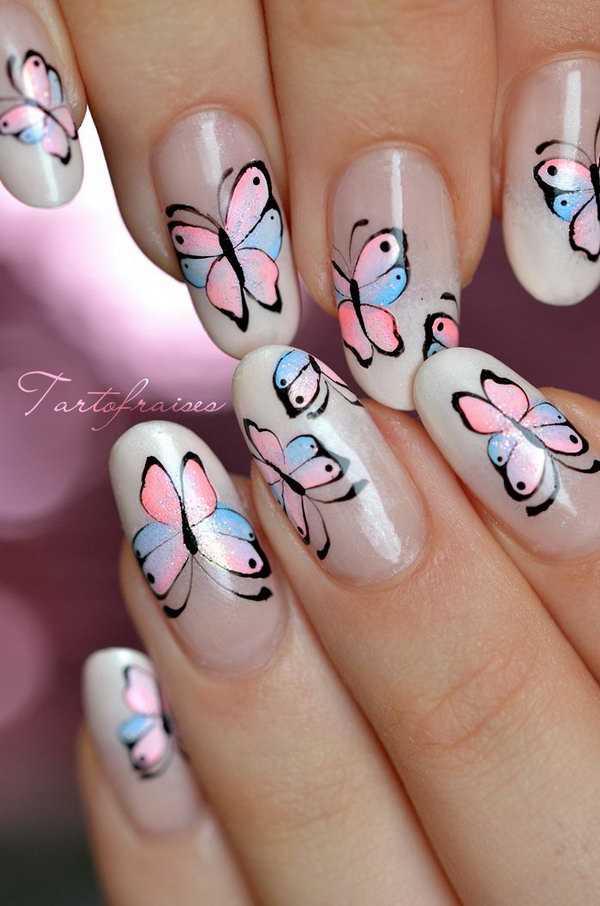 Feminine French Butterfly Nail Art Design. 