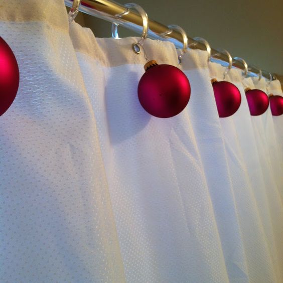 Christmas Bathroom Shower Curtain Decoration with Ornaments. 
