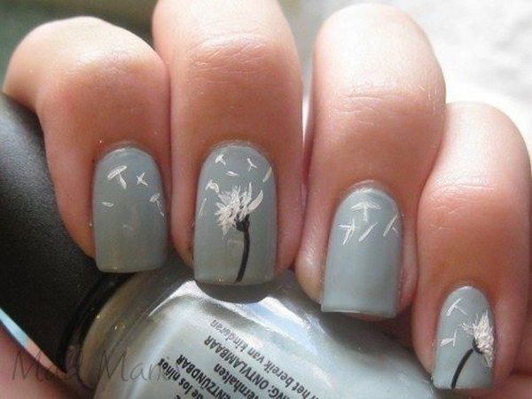 Blue Gray Nails with Dandelions. 