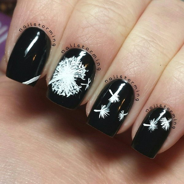Black Nails with White Dandelions. 