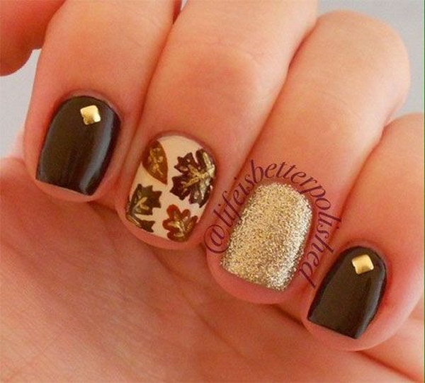 Fall Leaves Nails with Studs and Glitter Accent. 