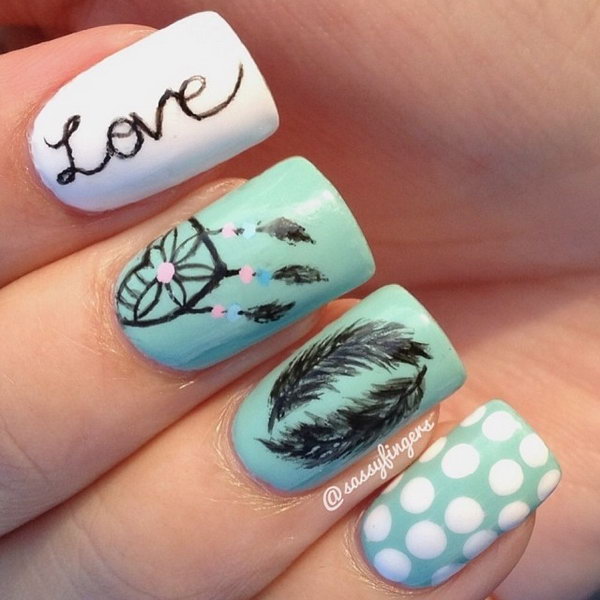 White and Green Nails with 'love', Dreamchatcher, Feather and Dots. Very pretty! I have to say, I am really into this feather design. 