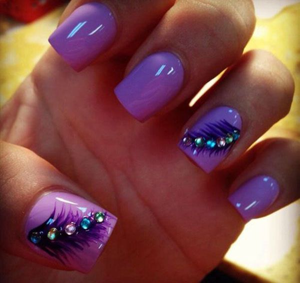 Purple Nail Designs with Feather and Gems. Very pretty! I have to say, I am really into this feather design. 