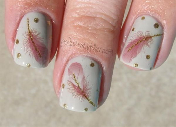 Pink Feather Nail Design. Very pretty! I have to say, I am really into this feather design. 