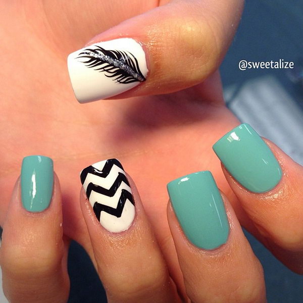Chevron and Feather Accents Nail Art. Very pretty! I have to say, I am really into this feather design. 