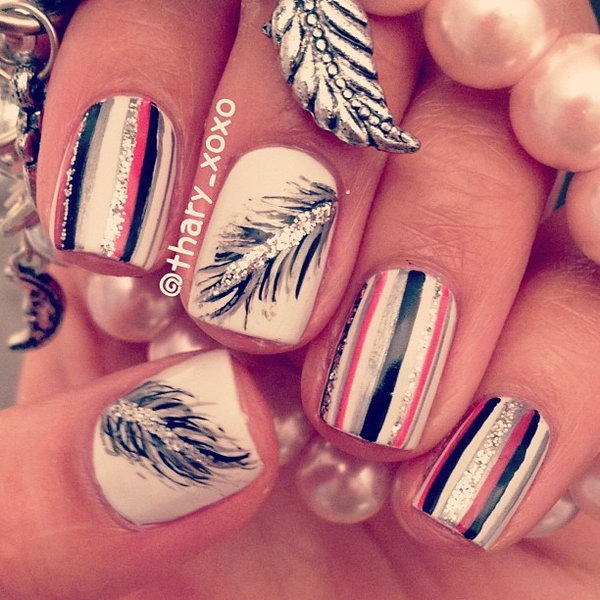 Pink, Black and White Strips and Feather Accent Nails. Very pretty! I have to say, I am really into this feather design. 