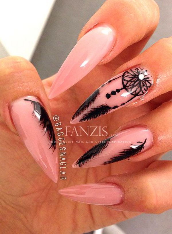 Long Nail Design with Dreamcatcher and Feather. Very pretty! I have to say, I am really into this feather design. 