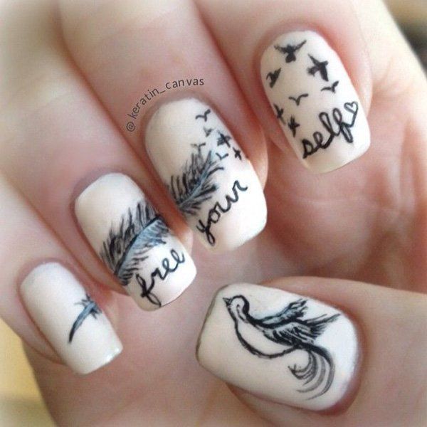 Beige Nail Designs with Feather and Birds. Very pretty! I have to say, I am really into this feather design. 
