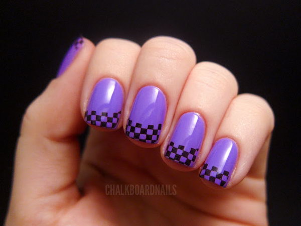 Purple Coated French Nails with Small Black Blocks. Get the directions 