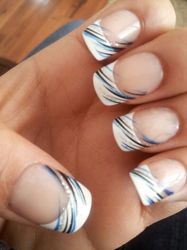 French Manicure with Blue and Black Lines. 