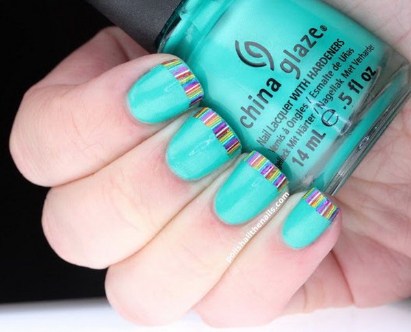 Rainbow Bar Glitter French Tips on Turquoise. Get the tutorial 