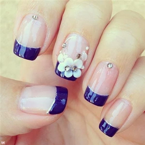 Blue Tip and Flower French Nails. 