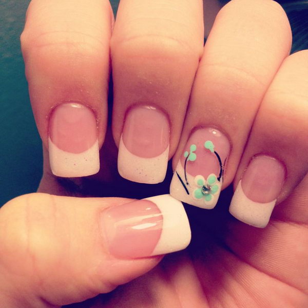 Simple French Nail Accented with a Floral Design. 