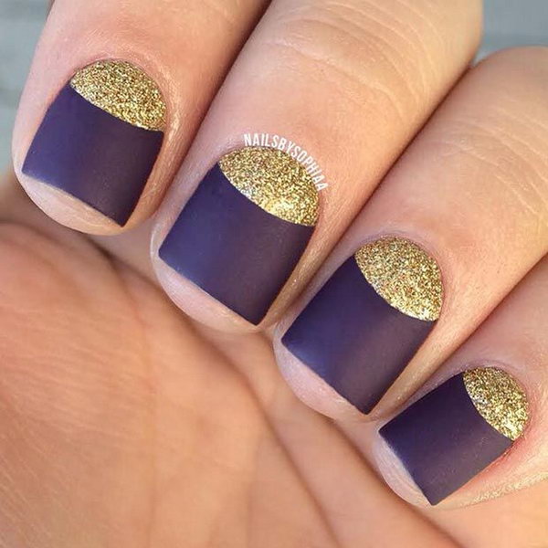 Shimmery Gold and Deep Purple Half Moon Nails. 