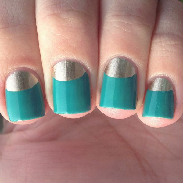 Turquoise and Gold Half Moon Nails. 