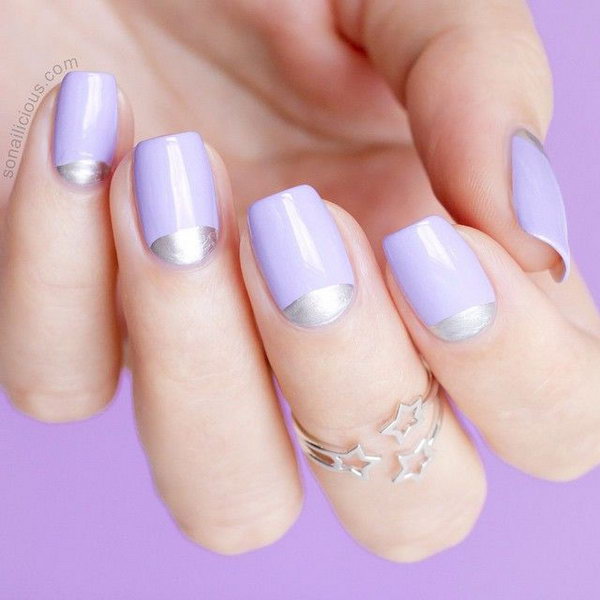Purple and Silver Half Moon Manicure. 