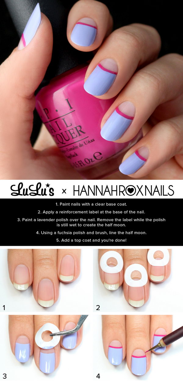 Lavender and Fuchsia Half Moon Nail Tutorial. See more directions 