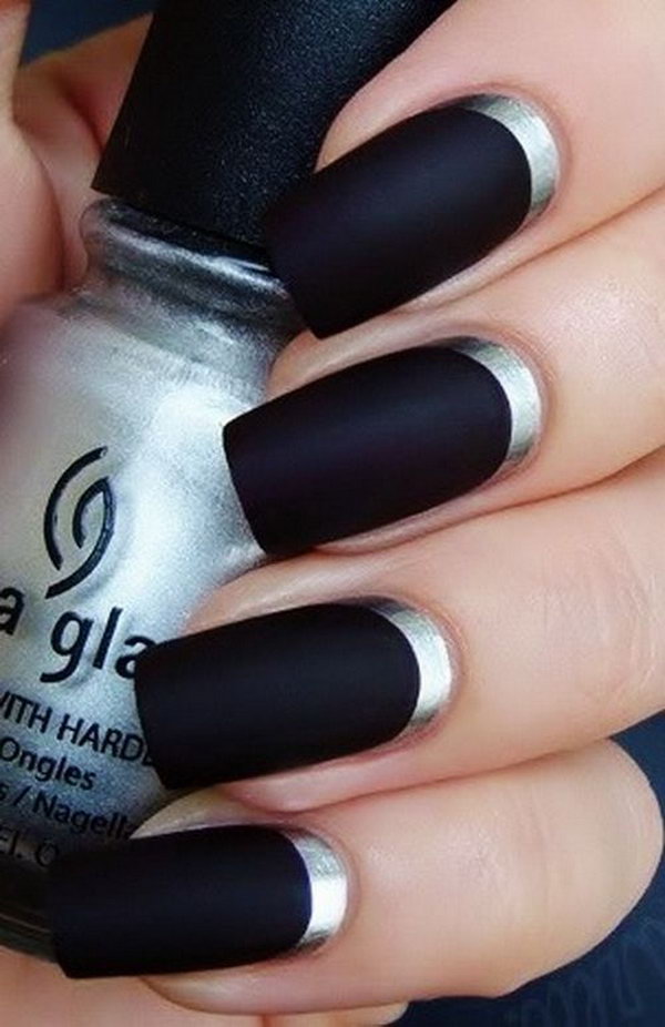 Black and Silver Half Moon Nails. 