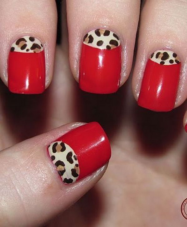 Red Half Moon Manicure with Leopard Print. 