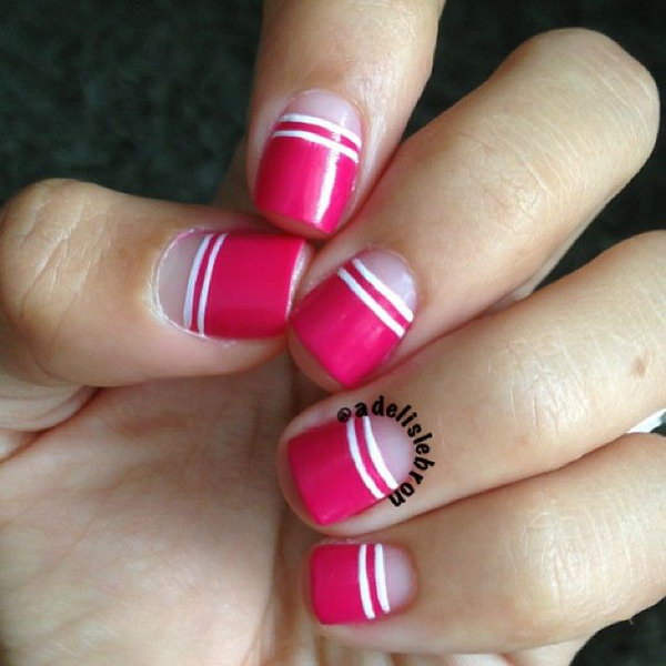 Pink and White Stripped Half Nail Design. 
