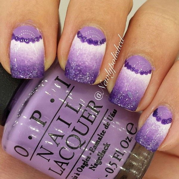 Purple and White Half Moon Nails. 