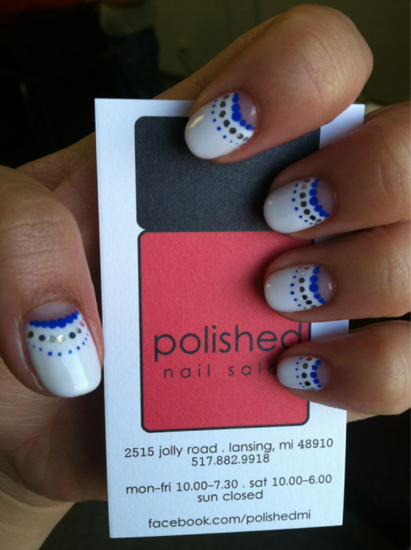 Blue, White and Glitter Half Moon Nails with Polka Dots. 