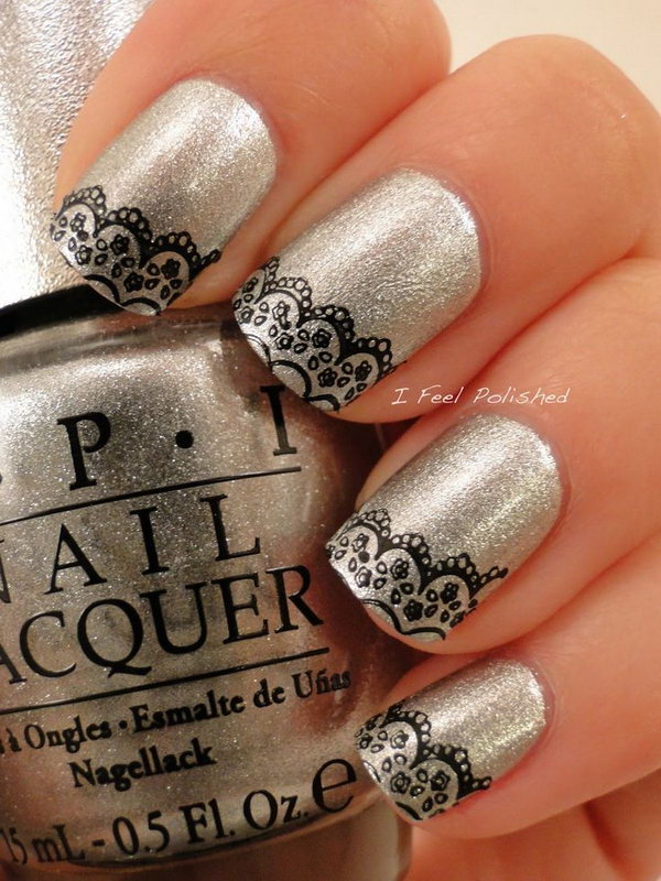 Silver Nails with Delicate Black Lace. Get the tutorial 