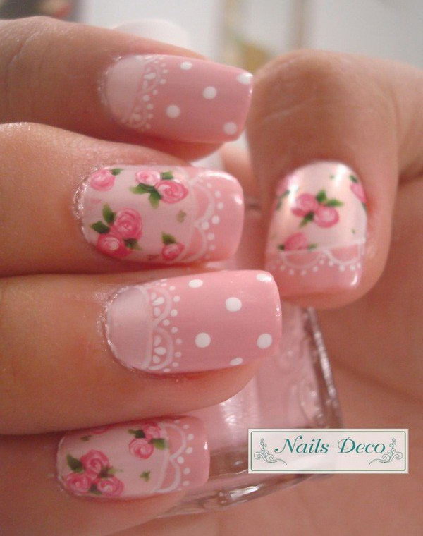 Vintage Pink Nails with Flowers, Lace and Dots. 