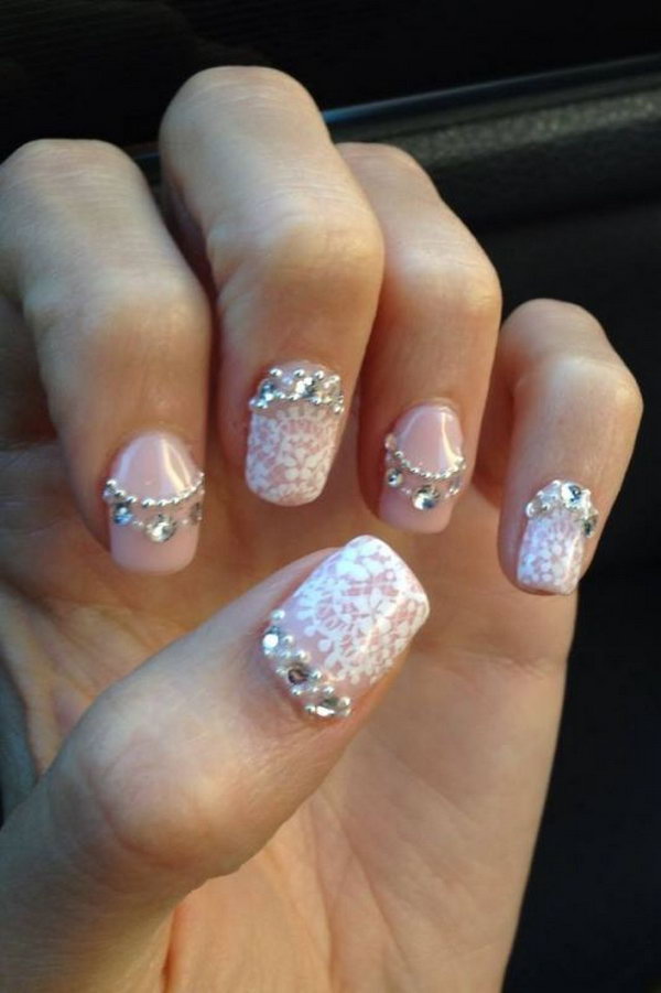 Pink Nails with a Bit of Lace and Gems. 