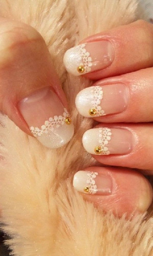 White Lace and Gold Studs Nail Art. 